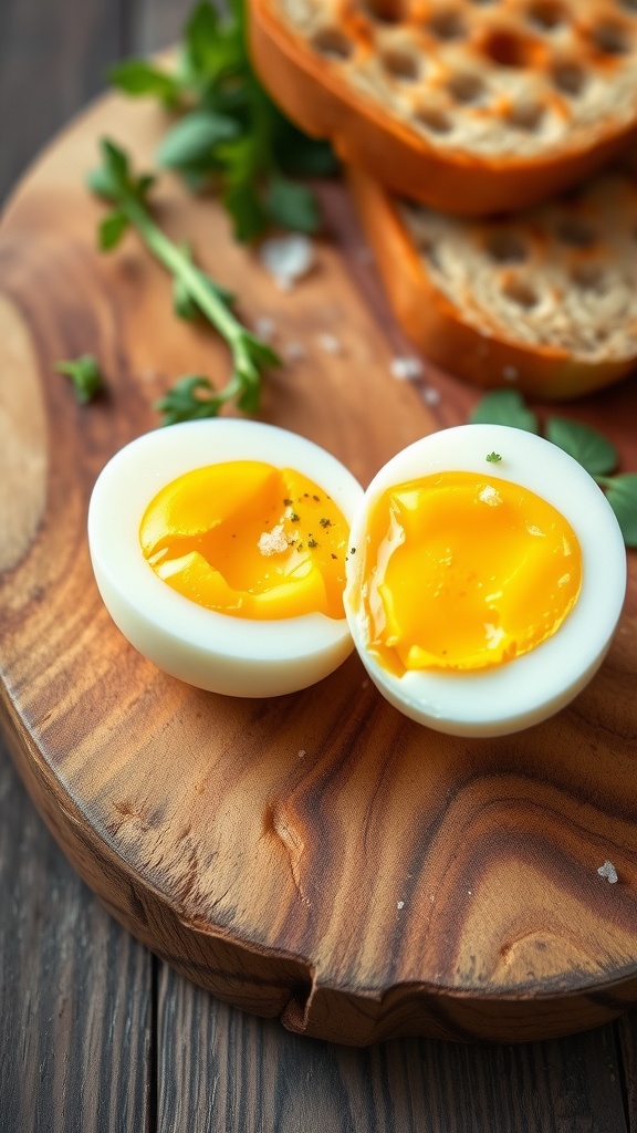 Perfectly Cooked 8-Minute Boiled Eggs A halved boiled egg with creamy yolk on a wooden board with salt, pepper, and toast.